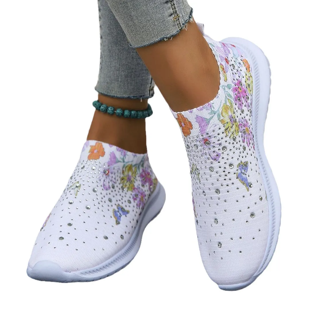 Yyvonne Women's Shoes Spring Breathable Sports Casual Shoes Water Drill Rainbow Shiny Flying Shoes Thick-Soled Running Shoes Women