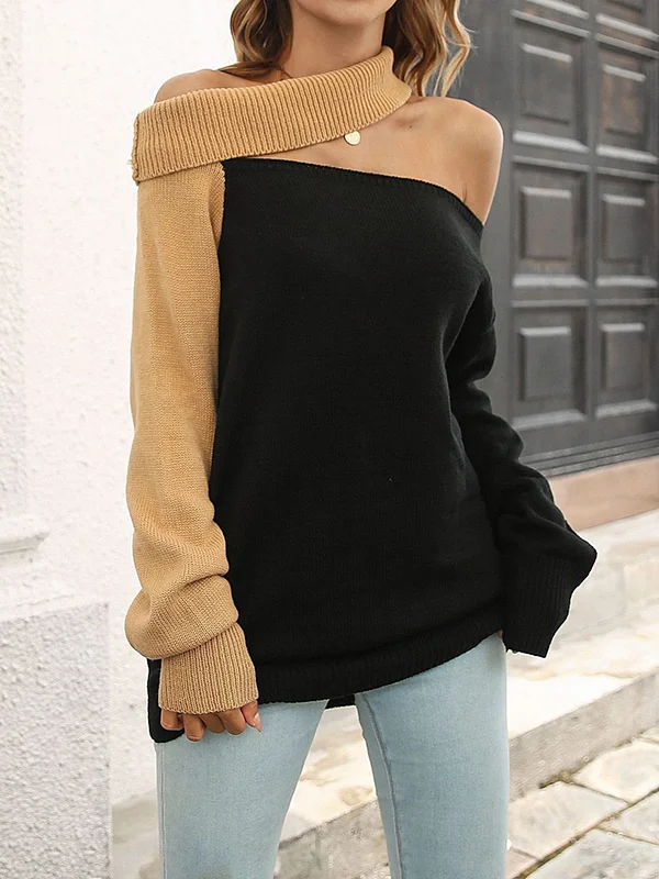 Split-Joint Hollow Contrast Color Puff Sleeves Loose Off-The-Shoulder Sweater