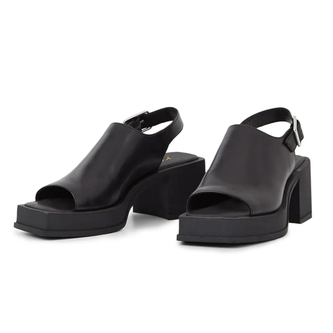 Black Open Square Toe Chunky Heel Slingback Platform Sandals for Women