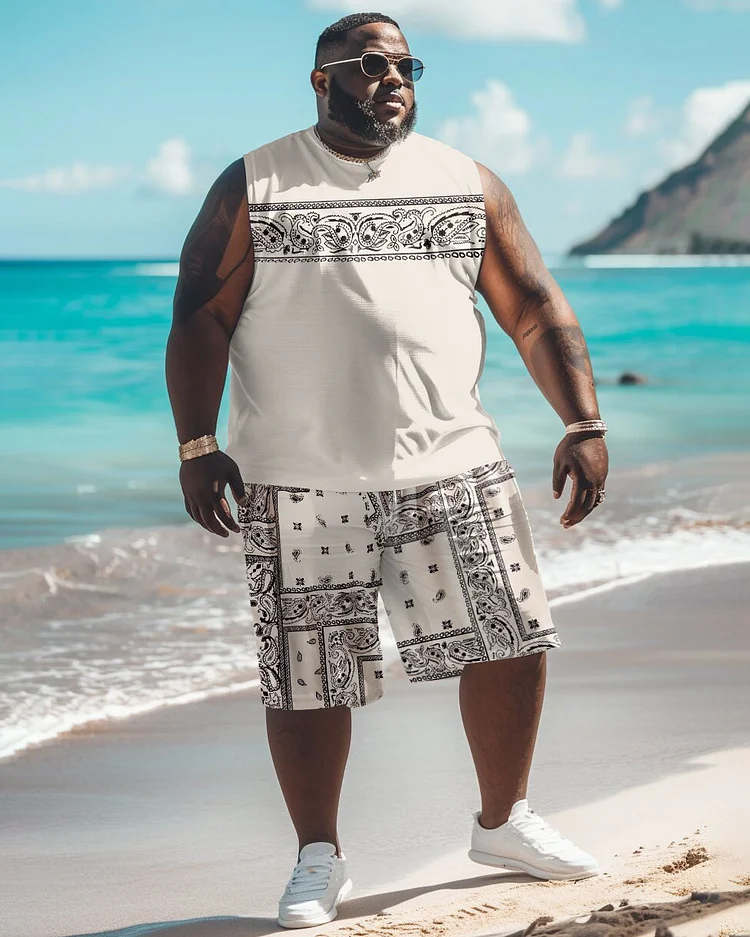 Men's Big Summer Cashew Flower Print Vest Shorts Suit