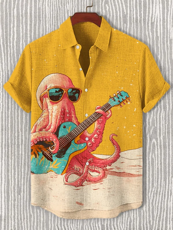 Men's Octopus Plays Guitar Print Short Sleeve Shirt