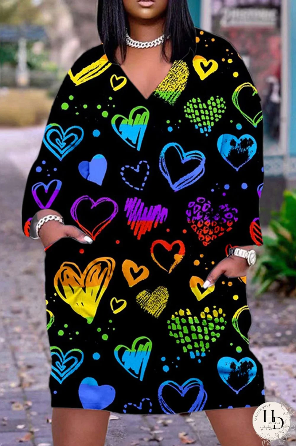 Deep Pink Casual Print Basic V Neck Long Sleeve Dresses