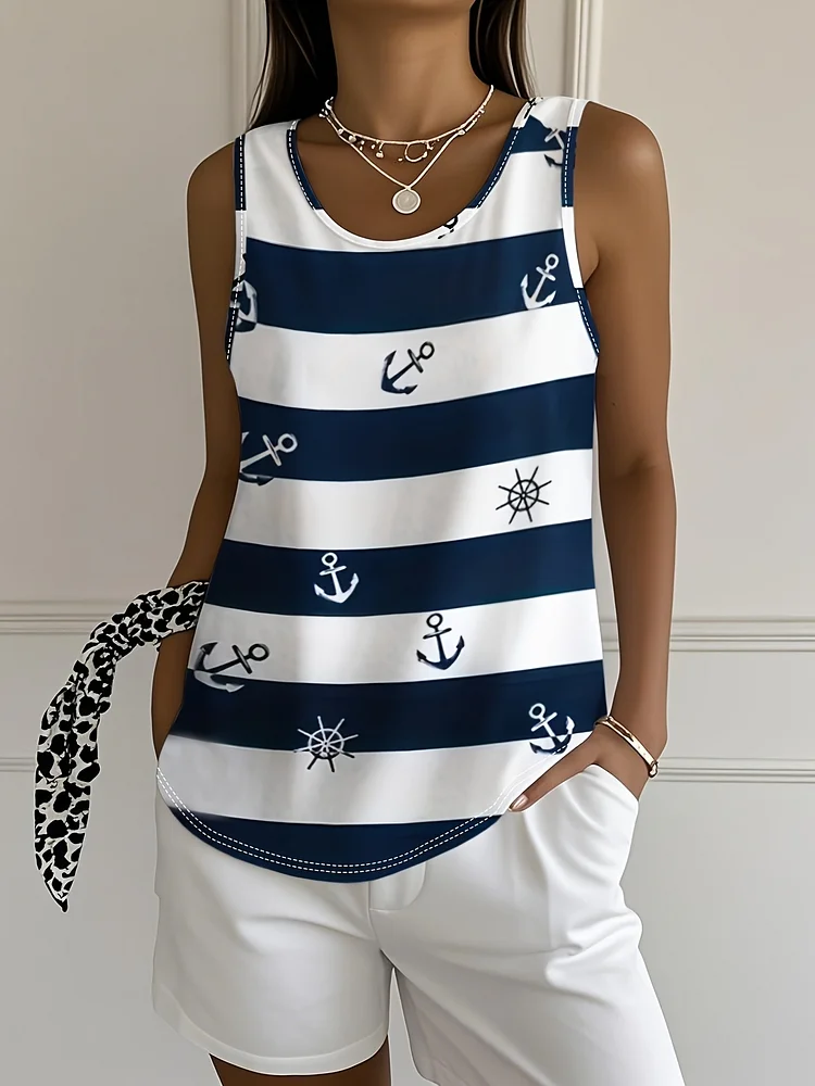 Women's Plus Size Sleeveless Tank Top - Elegant Blue And White Nautical Print With Stars And Stripes, Crew Neck, Lightweight Polyester For Summer Vacation Wear, Summer Casual Wear | Stylish Sleeveless Top | Glossy Textur