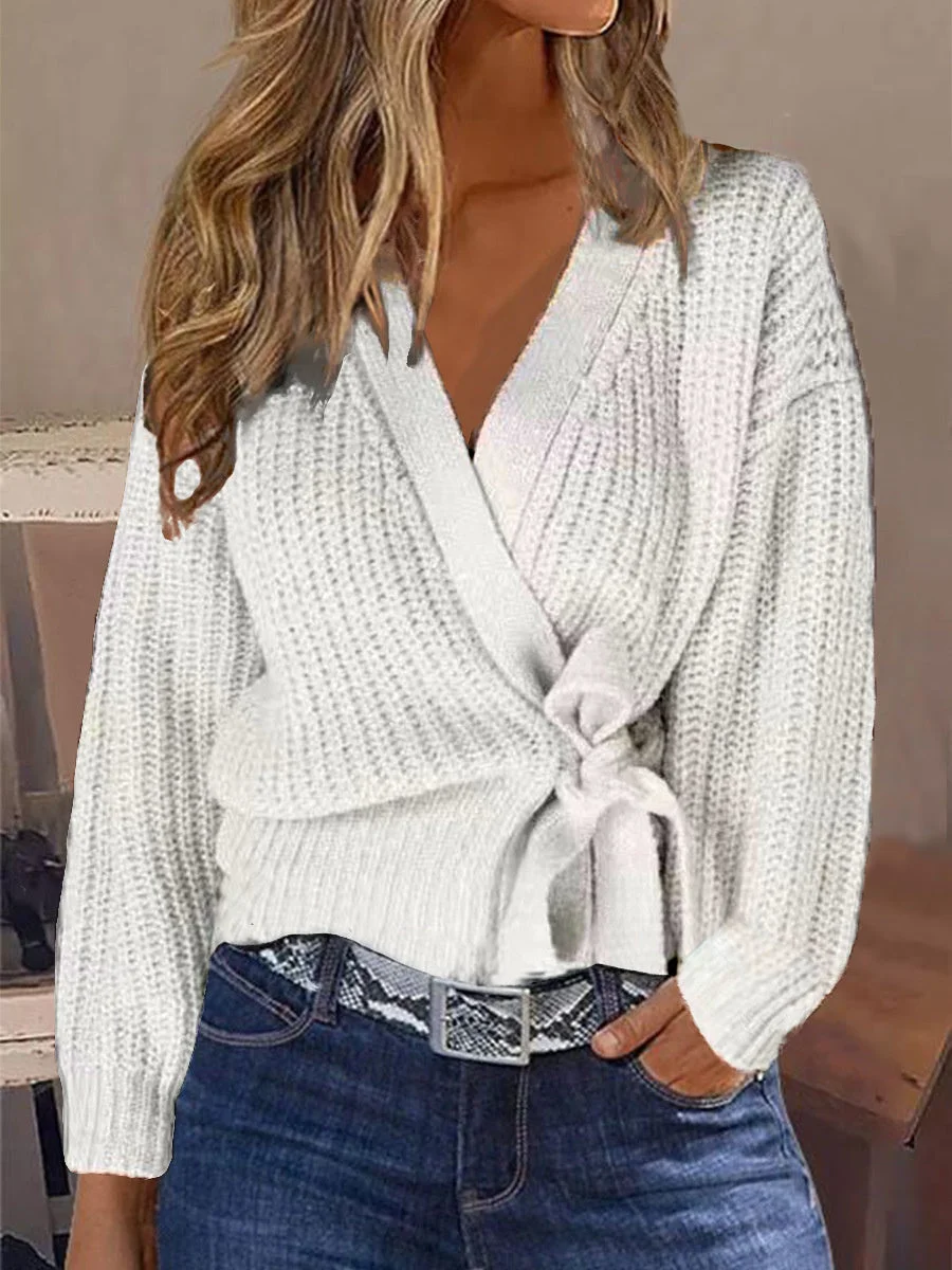 Women's  V-neck Lace-up Twist Knitting Long Sleeved Top
