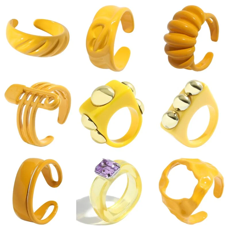 Dvacaman 2021 New Trendy Hand-Painted Candy Color Dripping Oil Geometric Chain Rings Set for Women Colorful Irregular Open Rings