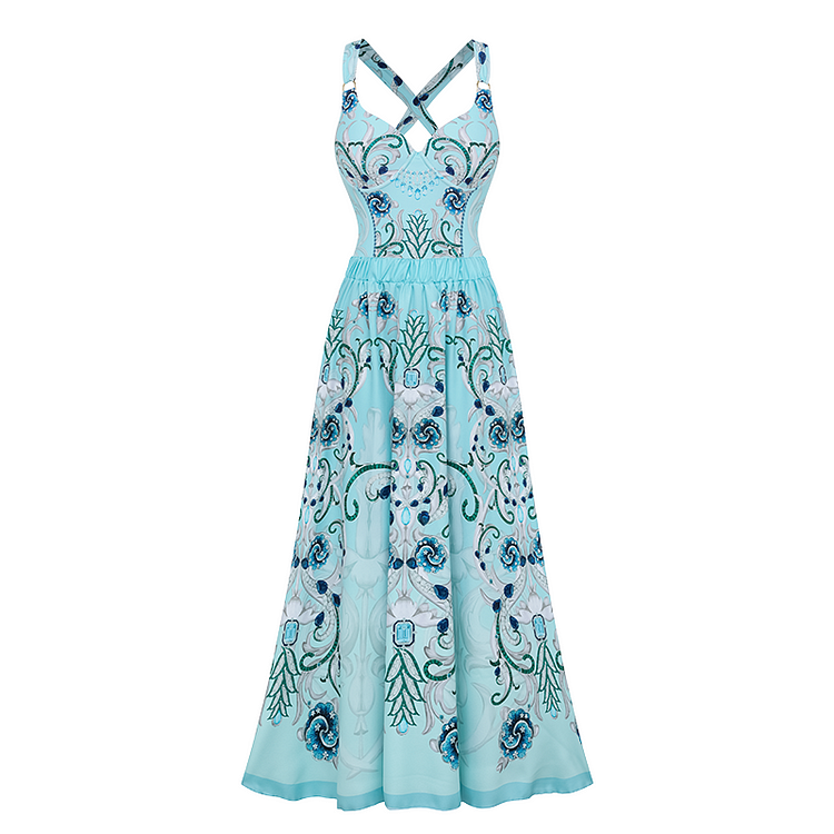 Sling Blue Jewelry Series Pattern Print One Piece Swimsuit