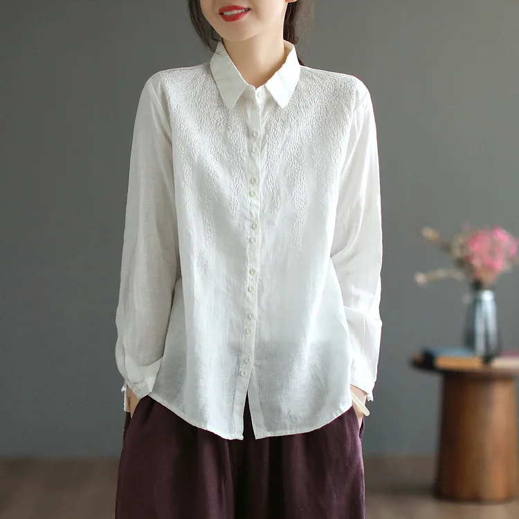 Loose Embroidered Lapel Long Sleeve Shirt - yankia
