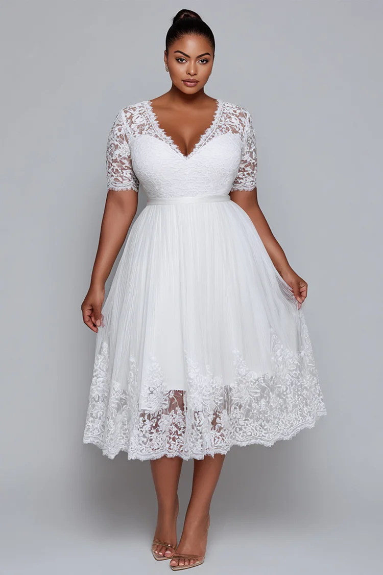 Xpluswear Design Plus Size Wedding White V Neck Short Sleeve Contrast See Through Tulle Midi Dresses [Pre-Order] 2024 - Xpluswear