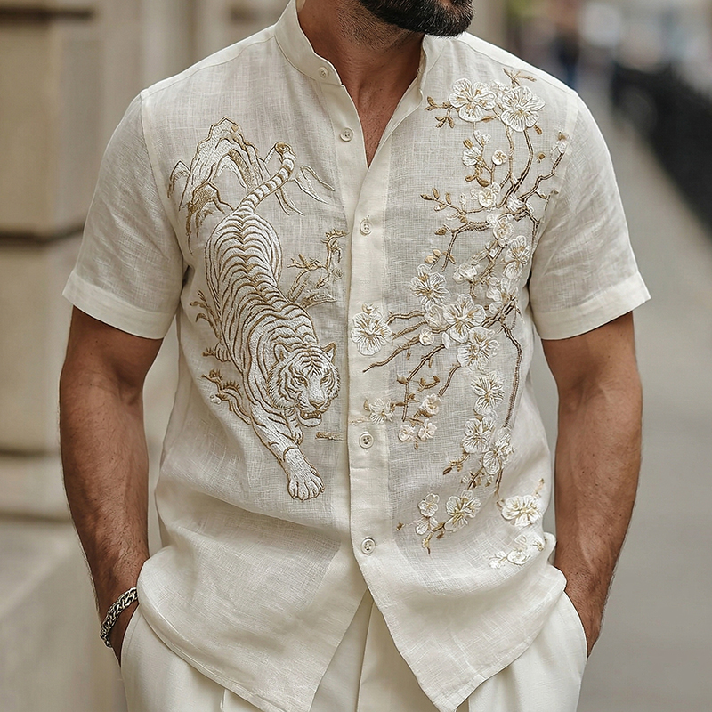 Men's Vintage Japanese-style Tiger And Cherry Blossom Art Linen Shirt elevenforest