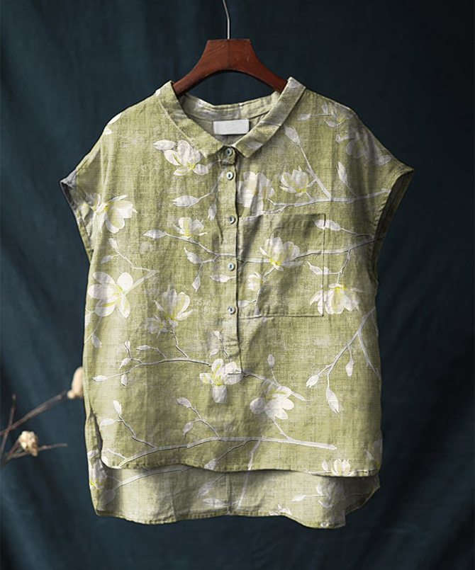 Vintage Floral Cotton and Linen Short-sleeved Casual Shirt