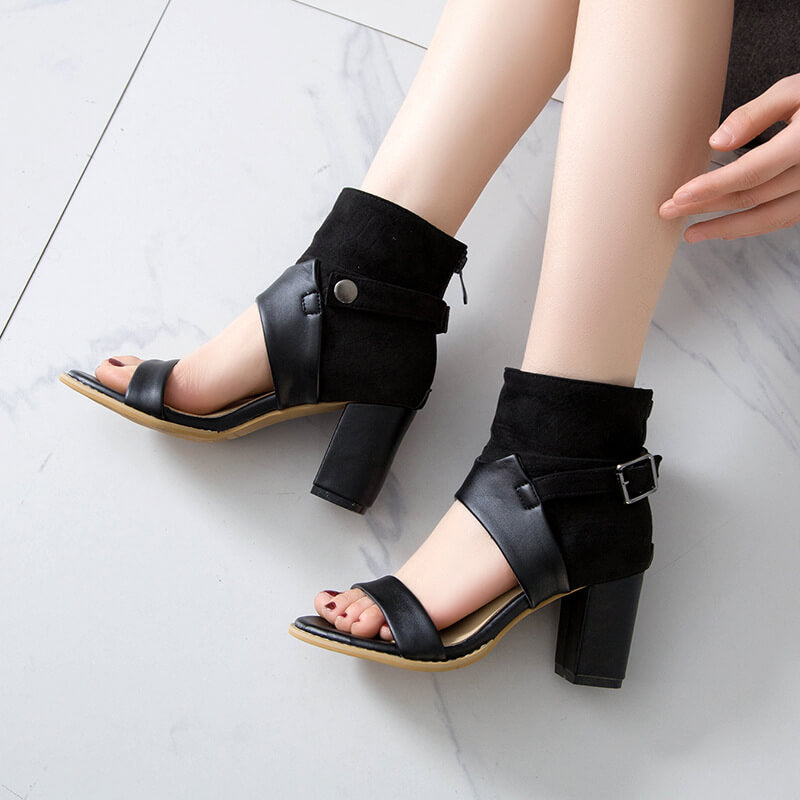 GOOSHOE Open Toe PU Buckle Chunky Heel Sandals