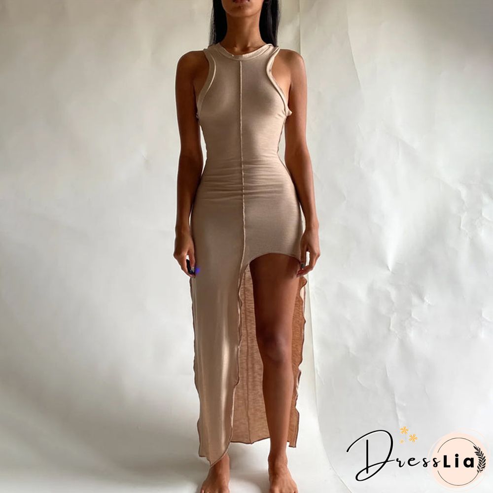 Women Summer Patchwork Bodycon Solid Color Sleeveless Split Long Tank Dress  Female Clothing Streetwear