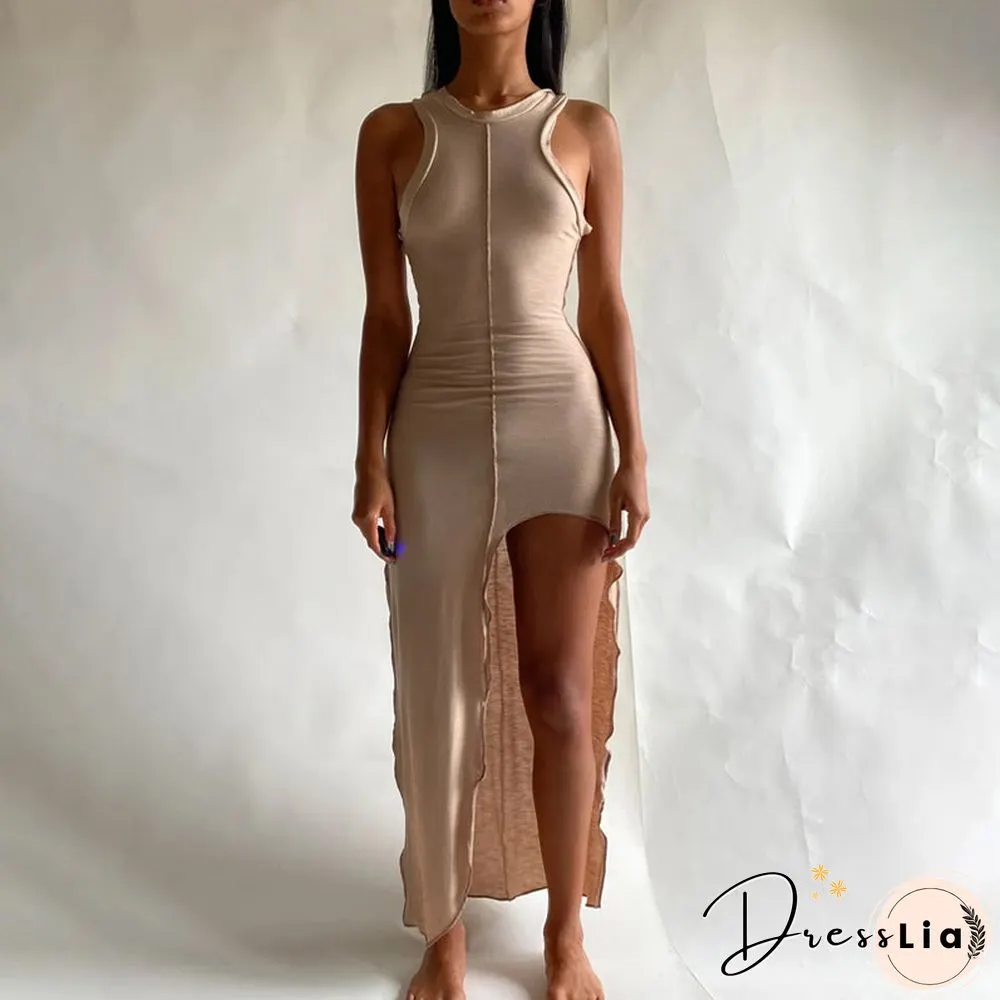 Women Summer Patchwork Bodycon Solid Color Sleeveless Split Long Tank Dress  Female Clothing Streetwear