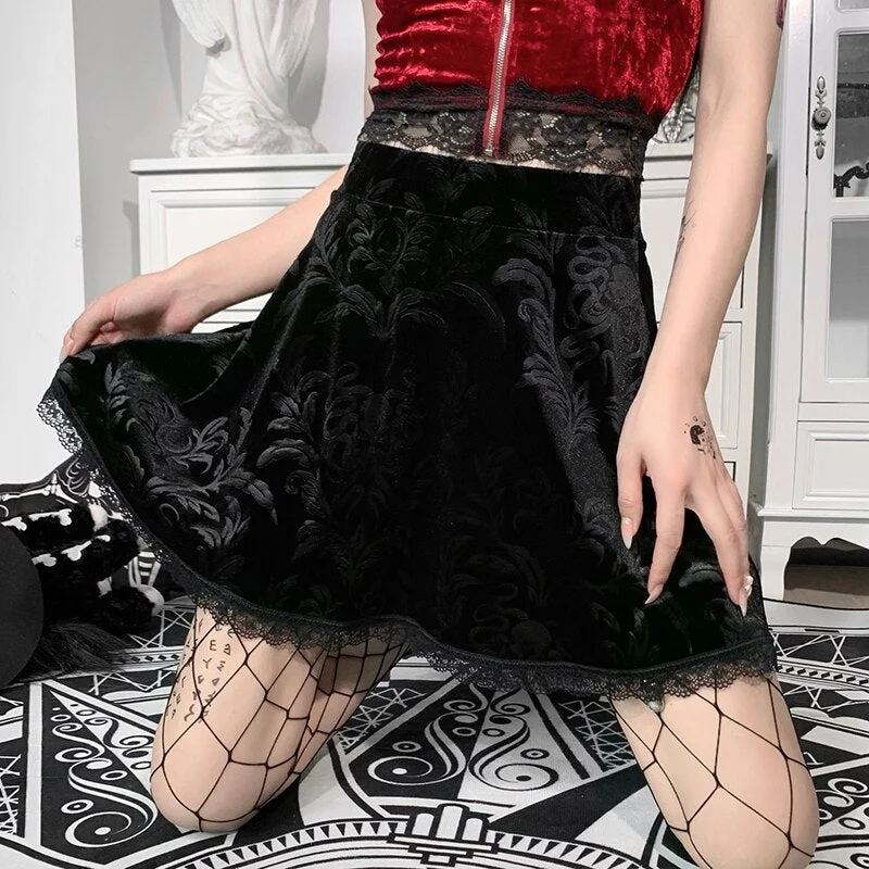 InsGoth Gothic Lace Trim Black Skirt Goth High Waist Mini Skirt Vintage Aesthetic A Line Women Skirts Grunge Darkness Outfits