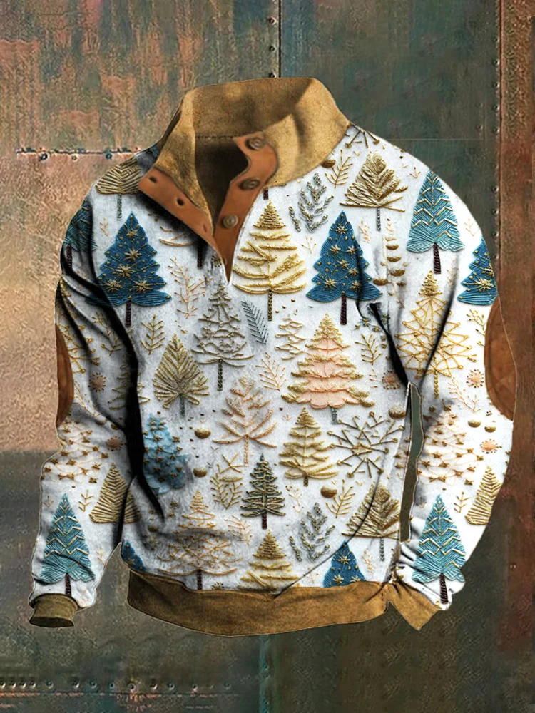 Christmas Tree Embroidery Men's Stand-Up Sweatshirt