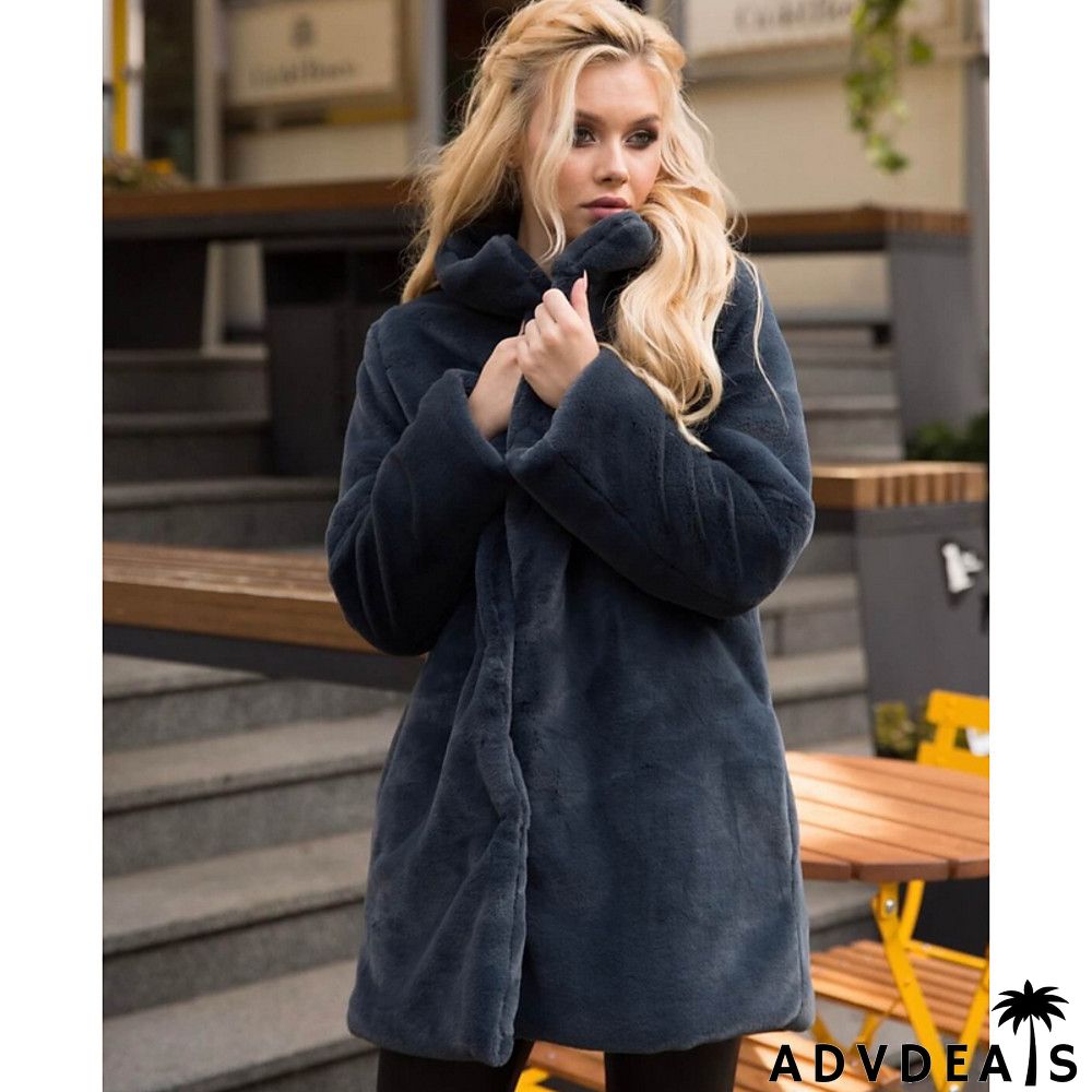 Plus Size Winter Women Standing Collar Imitation Rabbit Furplush Mid-Length Solid Color Over Coat