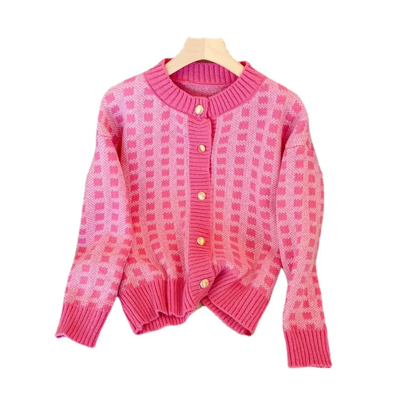 Churchf Churchf Style Short Temperament Socialite Small Sweater Hot Style Coat Jacket Small Fragrant Wind Pink Plaid Sweater Woman