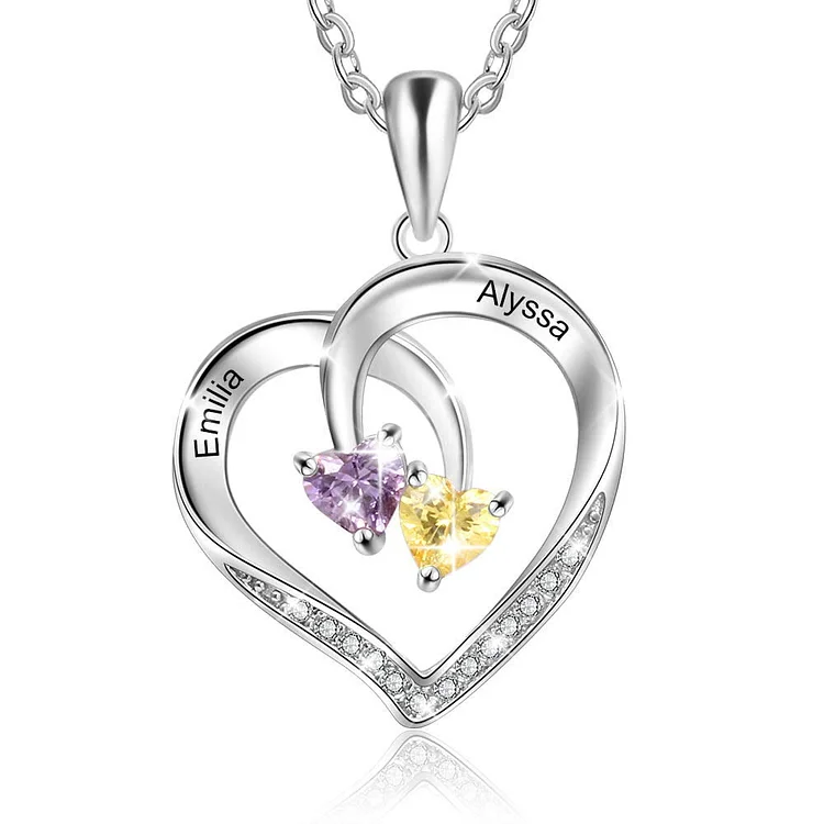 Olivenorma Custom Heart Promise 2 Birthstones Name Engaving Necklace