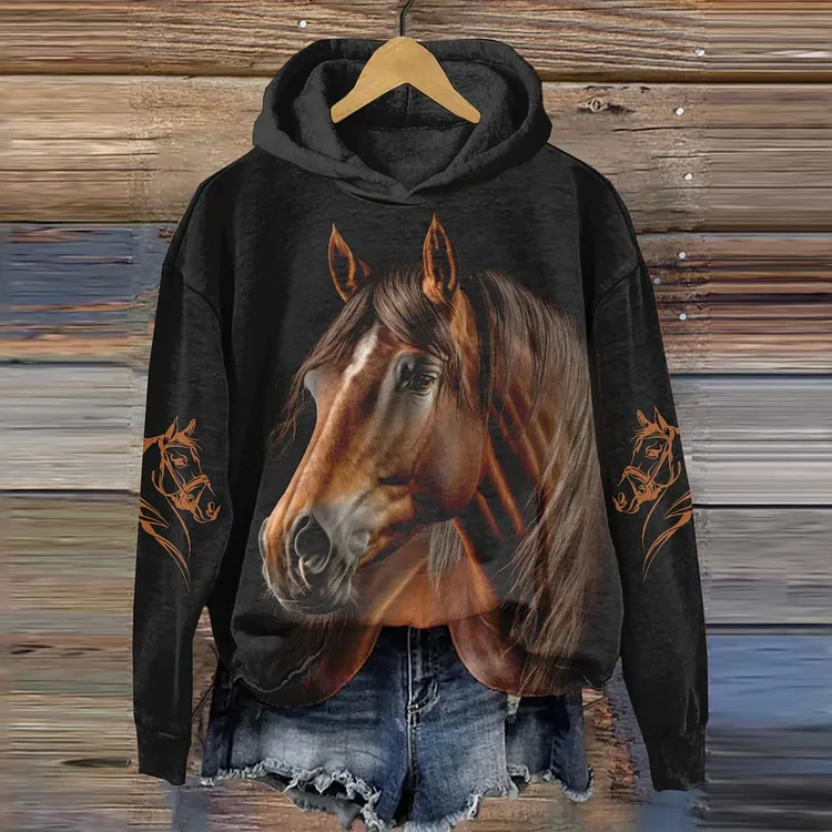 VChics Western Horse Print Long Sleeve Hoodie