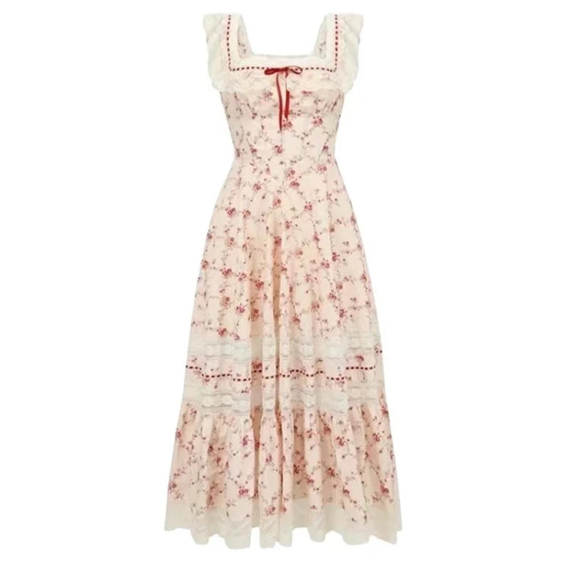 Aiertu Summer French Elegant Floral Midi Dress Beach Style Korean Fashion Lace Dress Evening Party Sexy Sleeveless Dress Woman Chic Aiertu