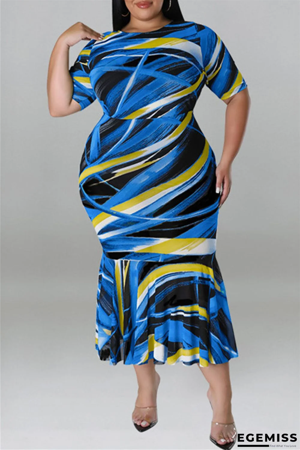 Blue Fashion Casual Print Patchwork O Neck Short Sleeve Dress Plus Size Dresses | EGEMISS