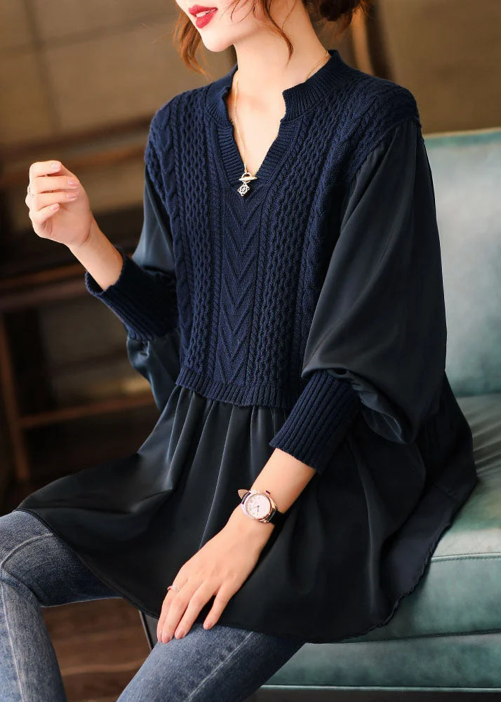Navy Knit Blouses Puff Sleeve Top