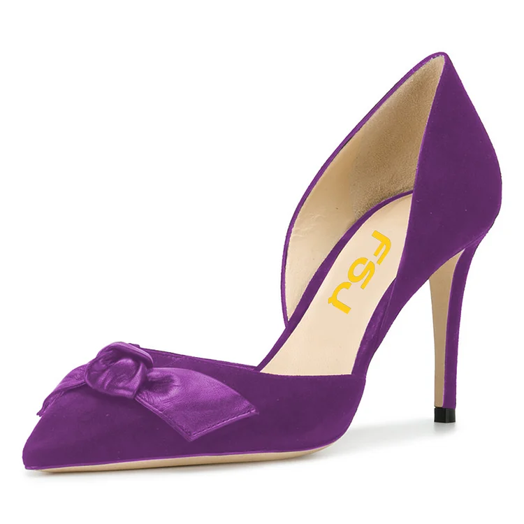 Women's Purple Office Heels Pointy Toe Stiletto Heel Pumps with Bow |FSJ Shoes