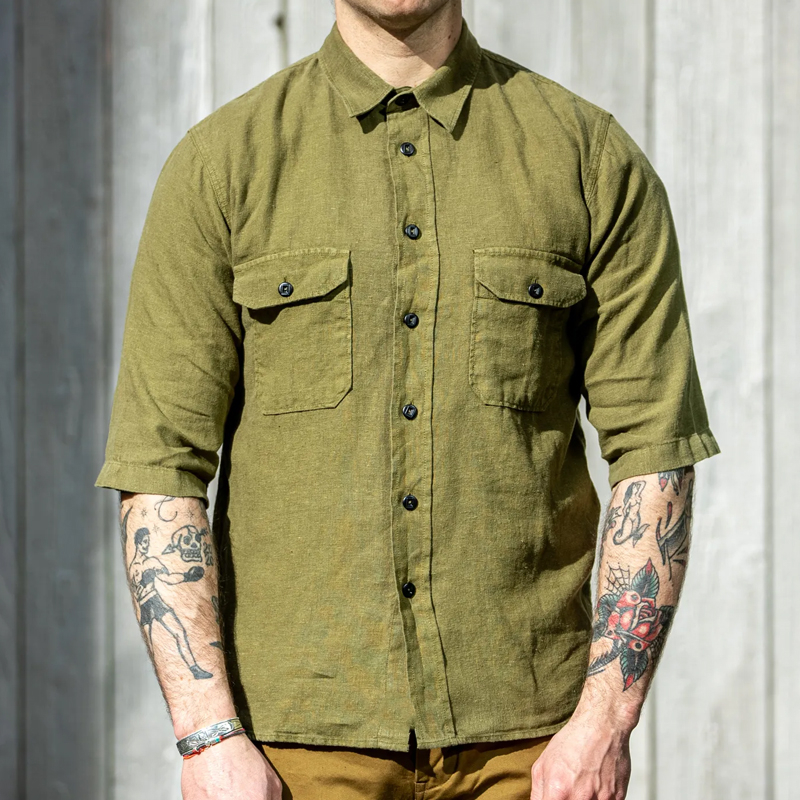 Men's Military Olive Linen Canvas Short Sleeve Shirt