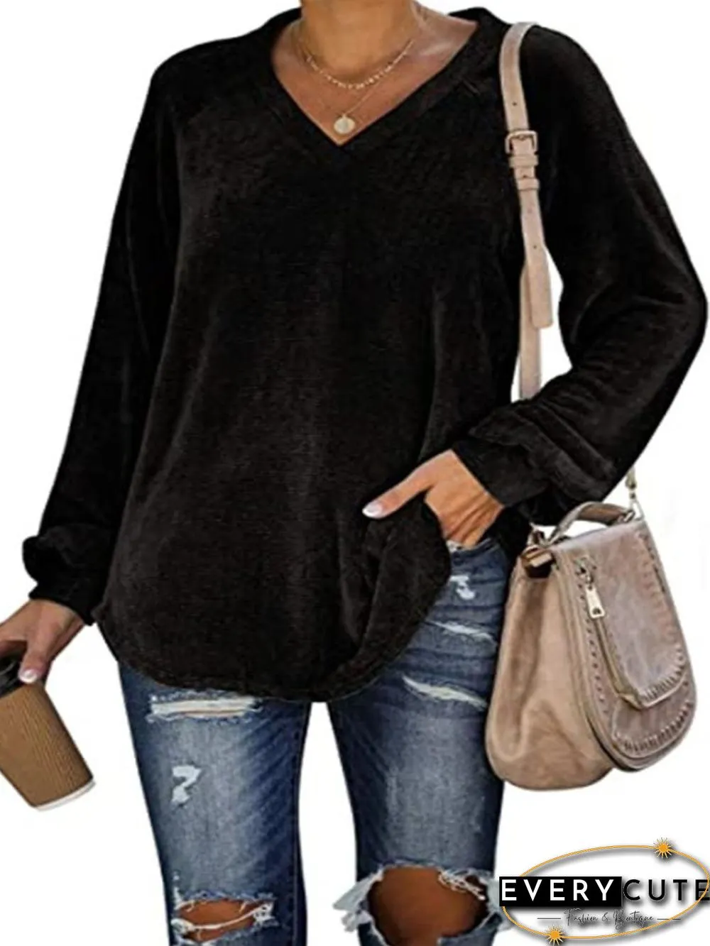 V Neck Long Sleeve Velvet Top
