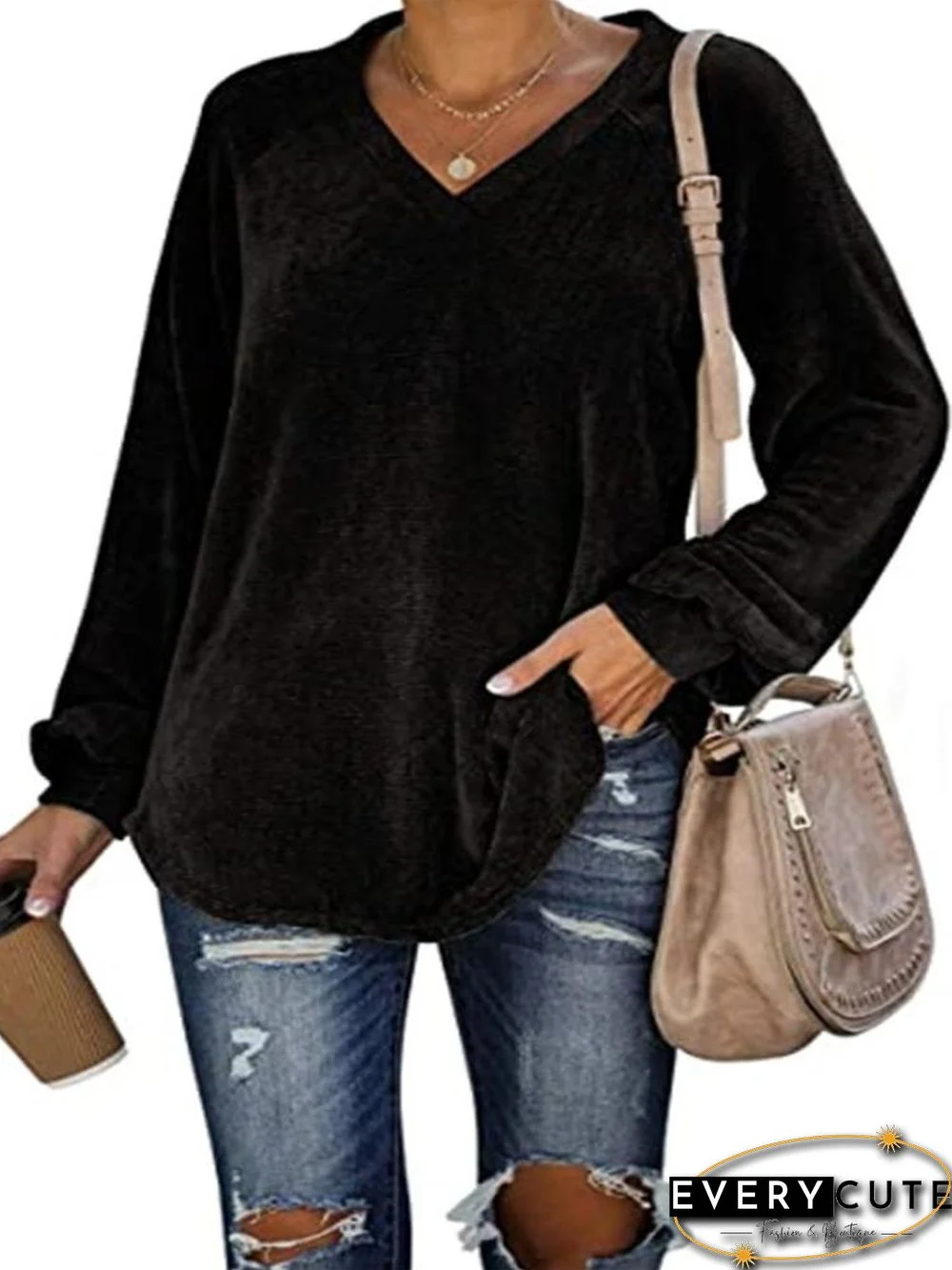 V Neck Long Sleeve Velvet Top