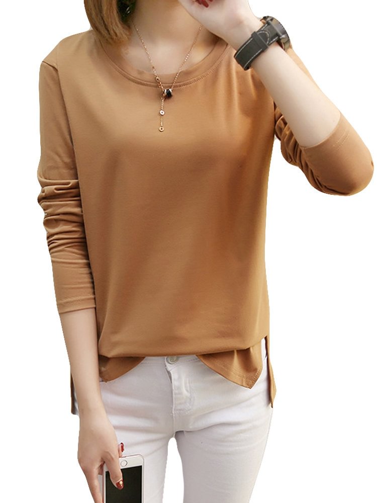 Solid Color O neck Long Sleeve Casual Blouse P1376157
