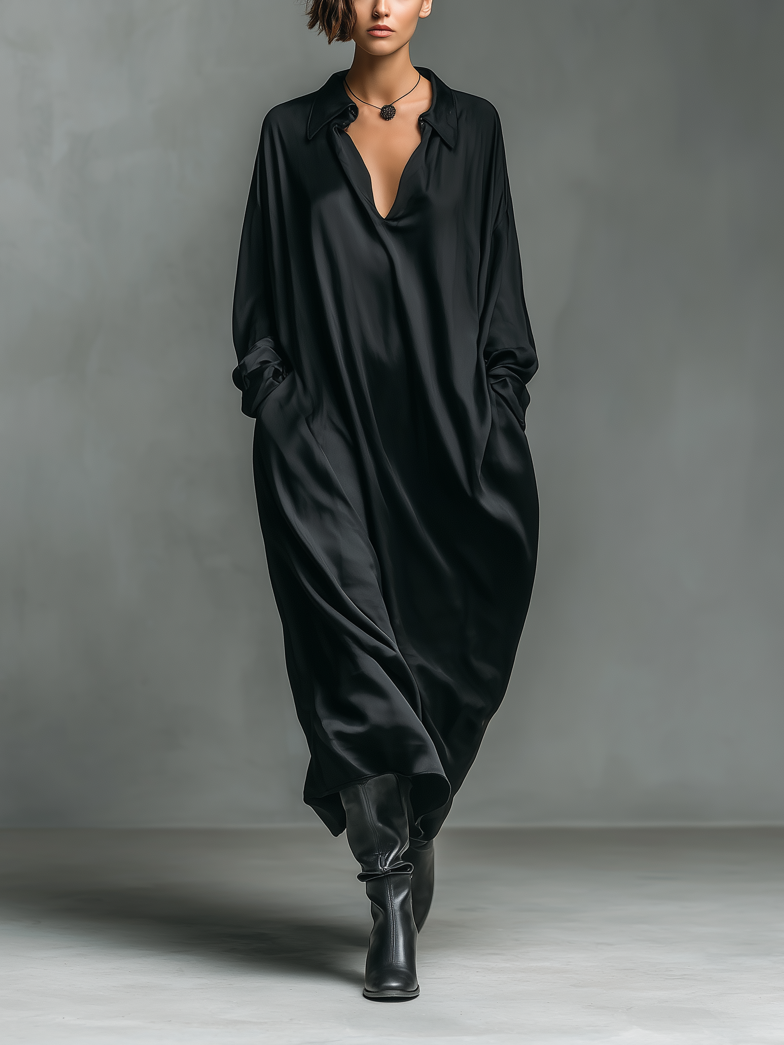 Women's Fashionable Casual Black Glossy Satin Long-sleeved Loose-fitting Long Dress With Pockets MDA2476K9AN