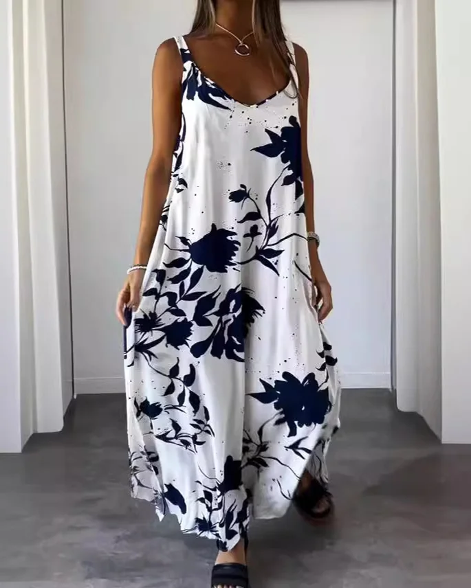 Floral Print Halter Back V-neck Dress