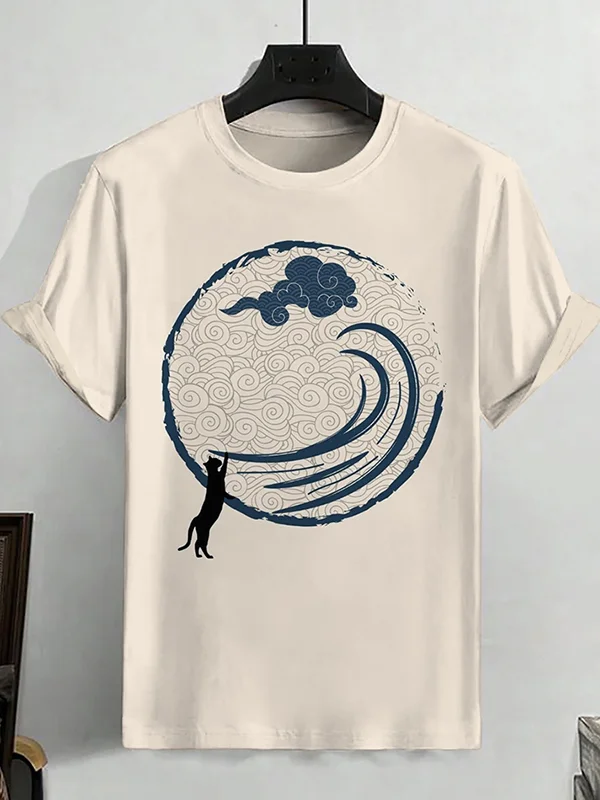 Men's Japanese Waves Cloud Black Cat Art Print Cotton Casual T-Shirt