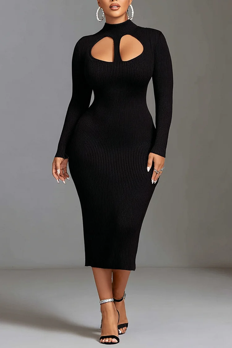 sachin and babi light blue dress Xpluswear Design Plus Size Business Casual Black Mock Neck Long Sleeve Cut  Out Casual Rib Knit Midi Dresses