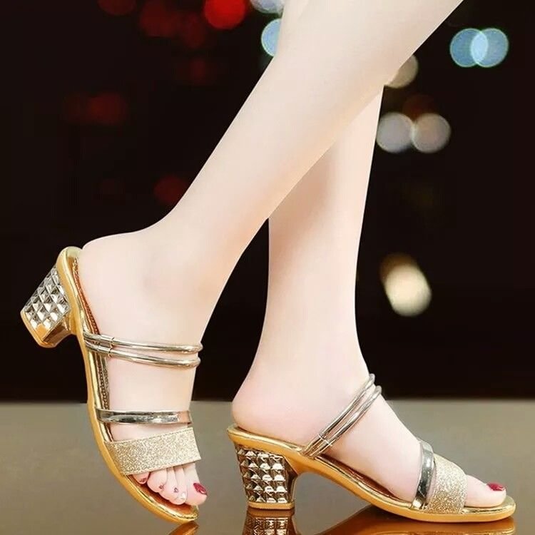2020 Summer New Women's Slipper Chunky Heel Semi-High Heeled Fashion Sandals Open Toe Korean-Style Sexy All-match Sandals Women