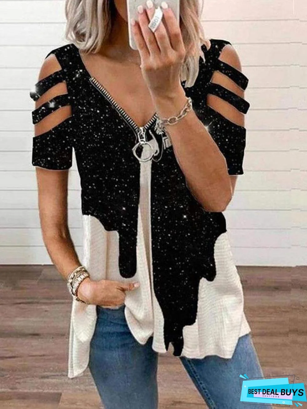 V-neck Zipper Pullover Printed Short Sleeve Loose T-shirt Women's Jacket