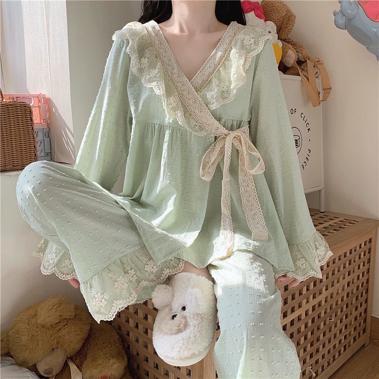 Sweet Kimono Style Fairy V-neck Lace Pajama - Gotamochi Kawaii Shop, Kawaii Clothes