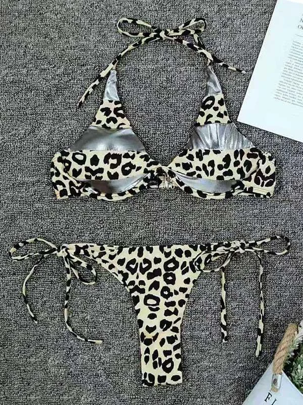 Leopard Print Split-Joint Bandage Split Bikini Swimsuit