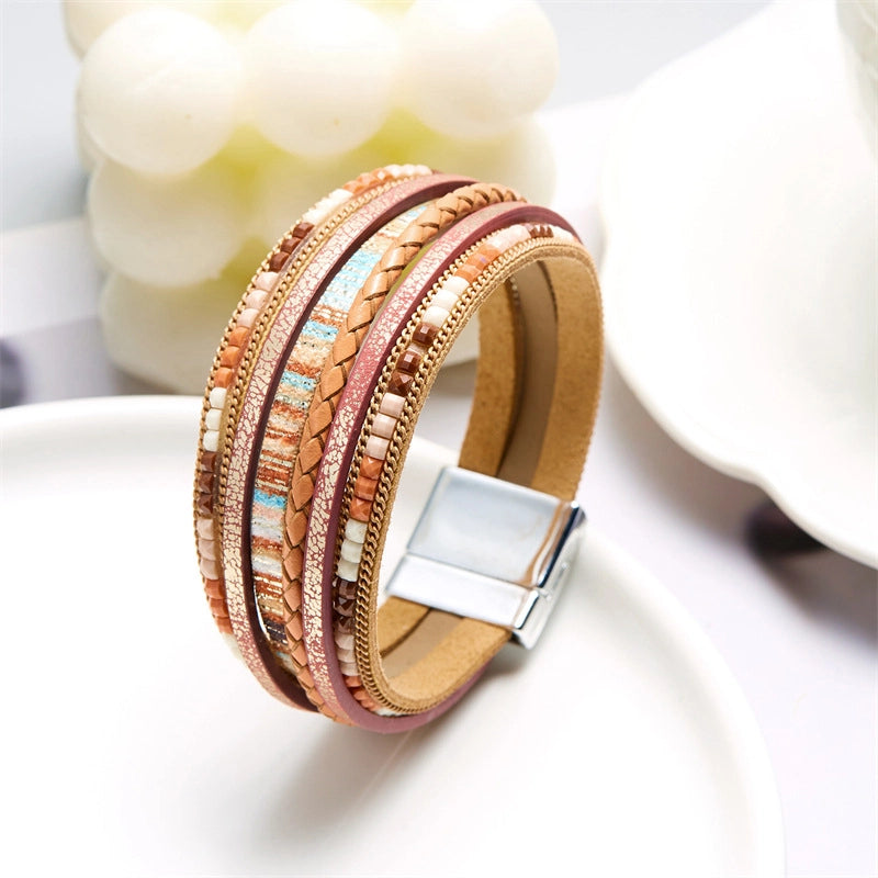 Hot New Bohemian Multi-layer Winding Bracelet Magnetic Buckle Trendy Artistic Men’s And Women’s Leather Bracelet