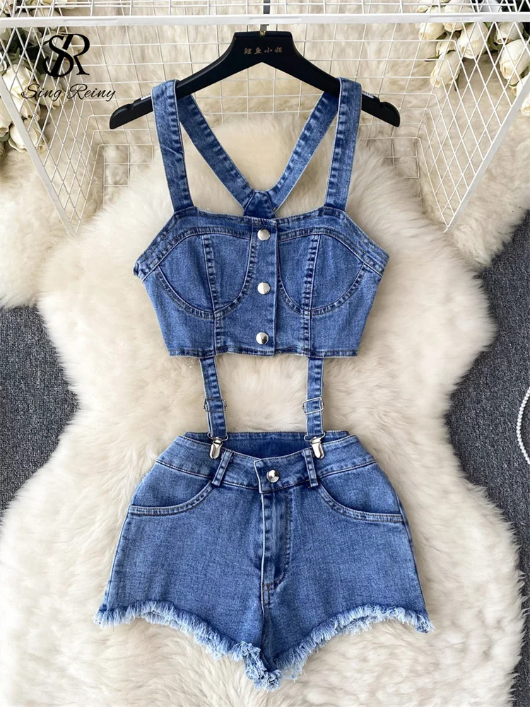 Huibahe Fashion Sexy Denim Suits Button Backless Mini Tank Tops+Straps Super Shorts Women Hotsweet Streetwear Two Pieces Sets