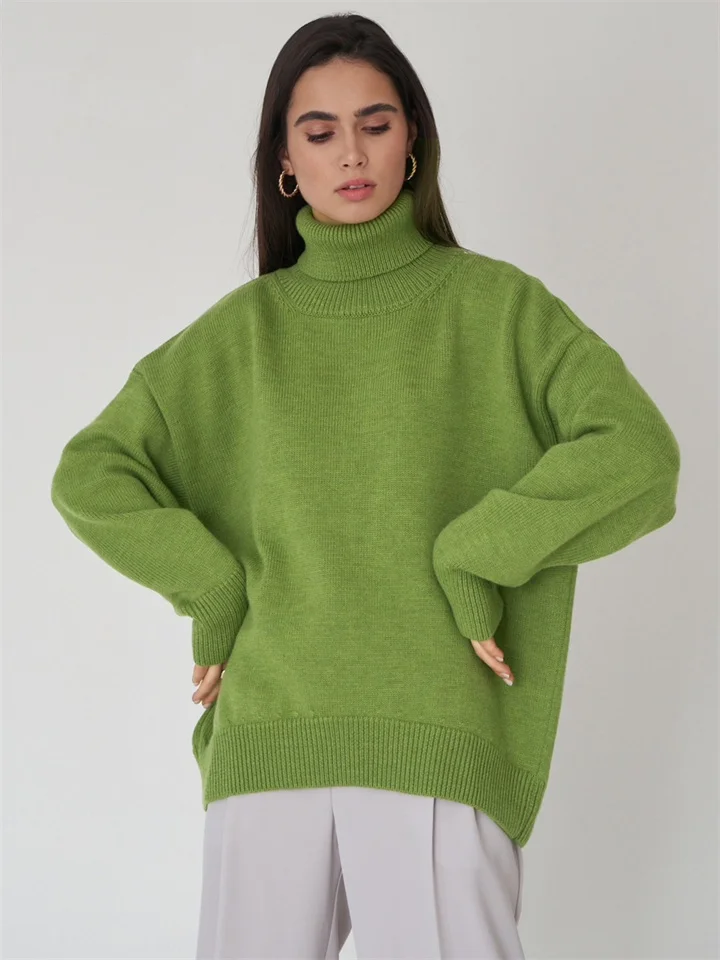 Women's Solid Color Temperament Turtleneck Sweater Autumn and Winter Loose Knit Sweater Pullover Sweater Women
