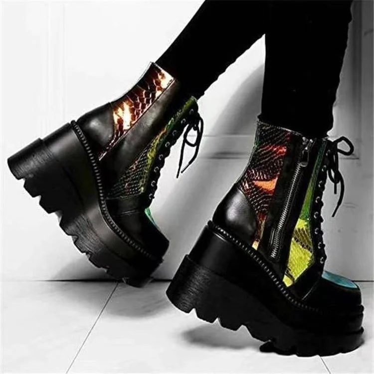 Iridescent Sequins Patchwork PU Leather Thick-Bottom Boots-Black
