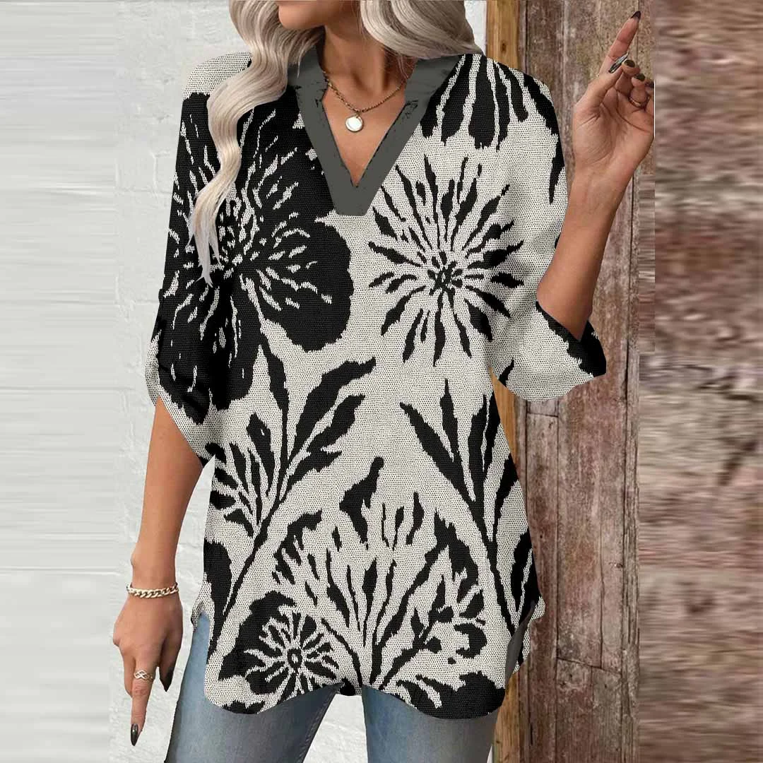 Women Floral, Black DZGA0202 3/4 Sleeve V-neck Printed Graphic Button Tops