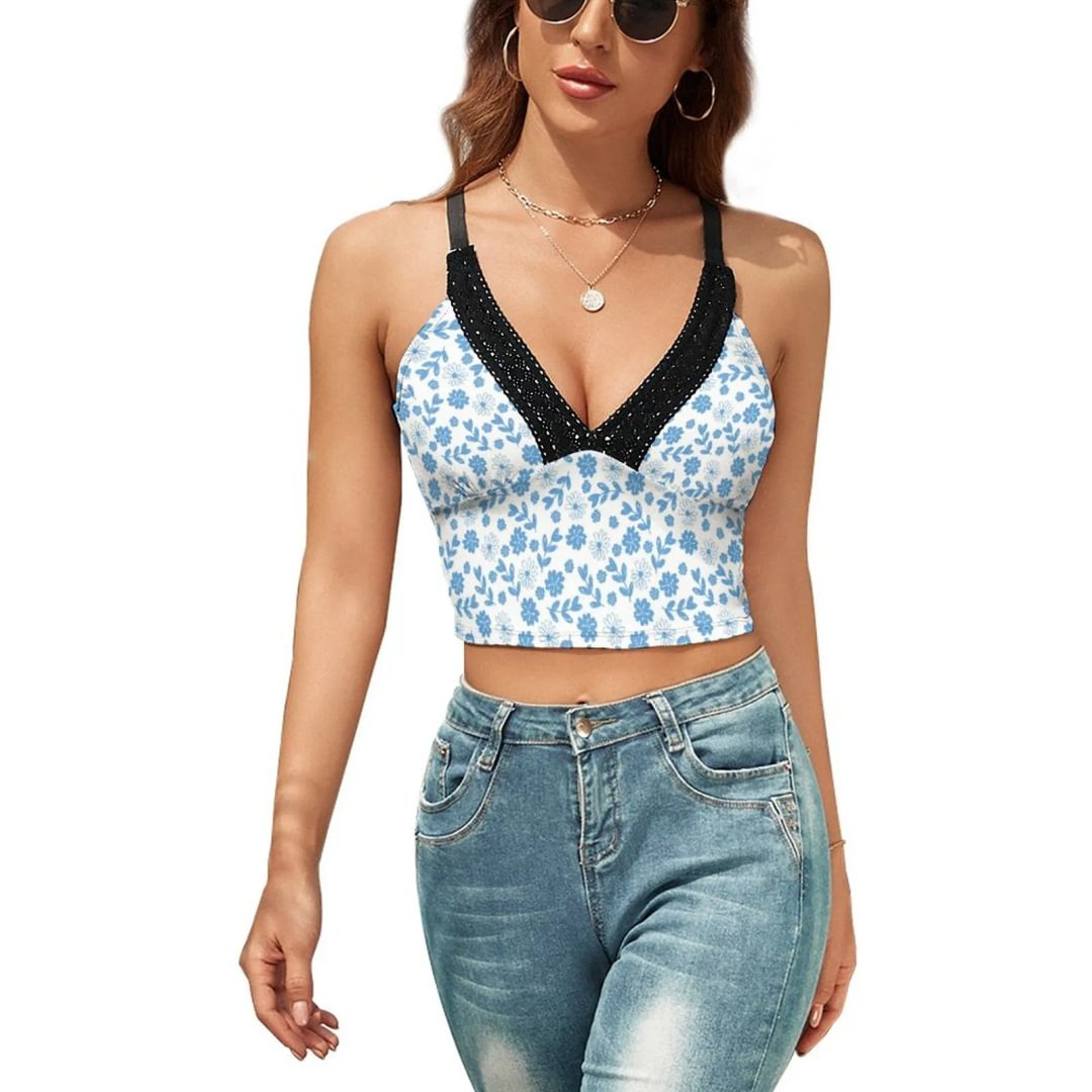 Floral Lace Sleeveless Vest Summer Girl Women V Neck Cropped Strap Tank Top Cami Patchwork Camisole Shirt