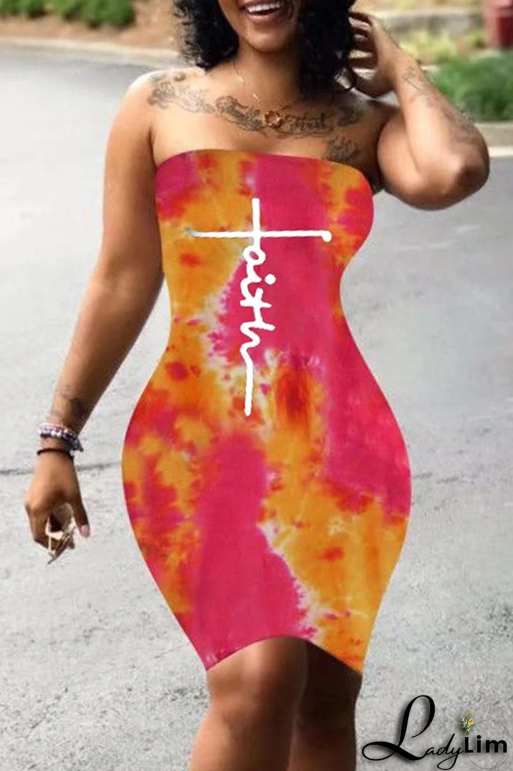 Red Fashion Casual Print Tie-dye Backless Strapless Sleeveless Dress Dresses