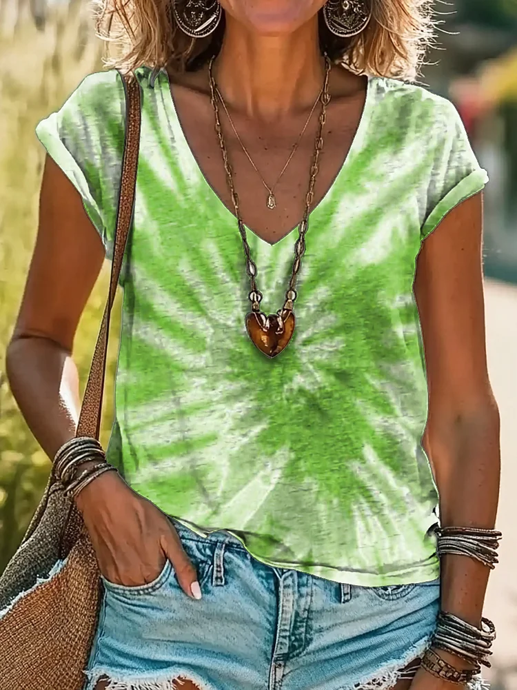 Women's Saint Patrick's Day Green Tie Dye Print 100%Cotton V-neck T-Shirt