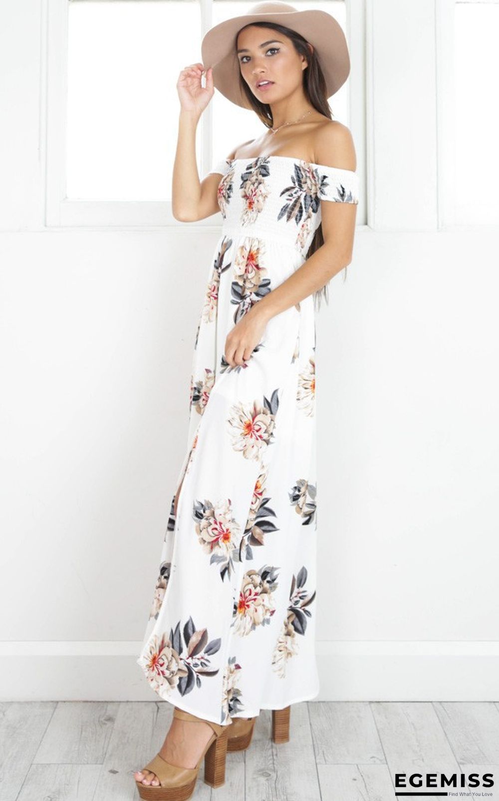 Chest-wrapped Flower Printed Beach Gown White Dresses | EGEMISS