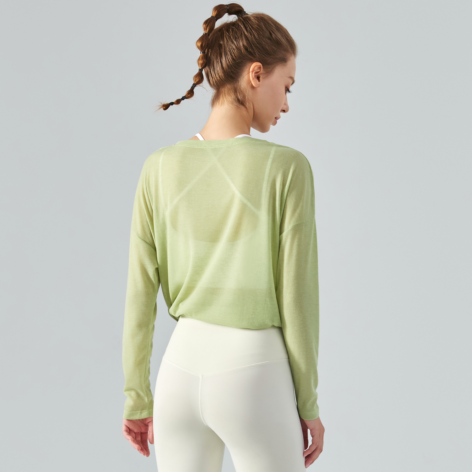 Buy Hergymclothing Celery Green long sleeve one side slit lightweight thin running shirt for summer womens online