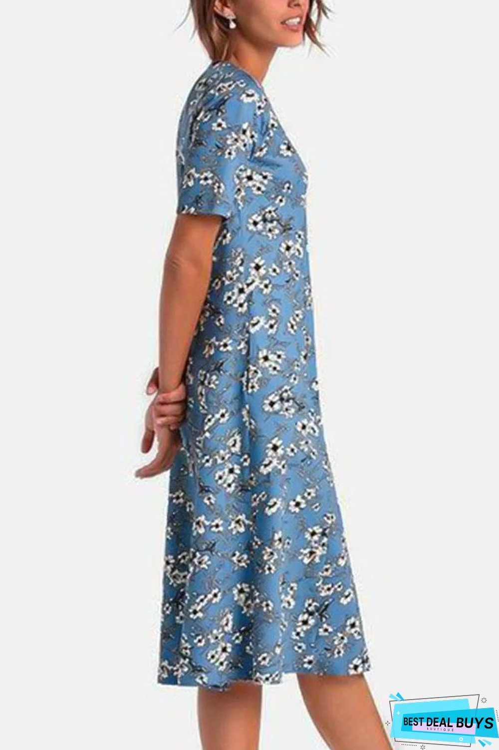 Casual Floral Print Paneled Pockets Short Sleeves Midi Dress